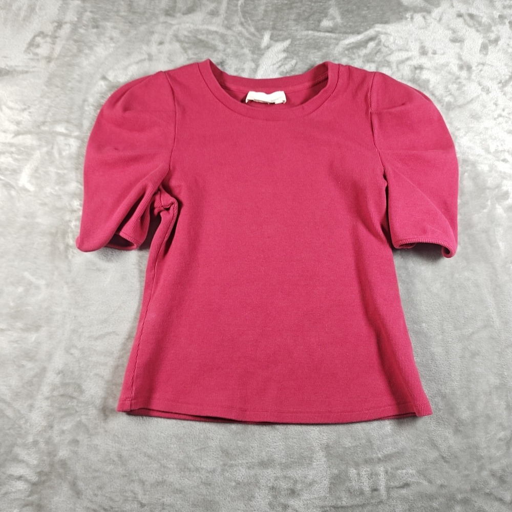 Anthropologie Blouse Womens Medium Puff Sleeve Top Ribbed Knit Stretch Cottage